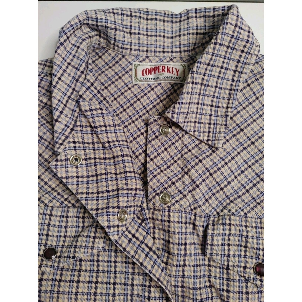 Copper Key Womens Plaid Western Snap Front Long Sleeve Shirt Tan Blue Size M